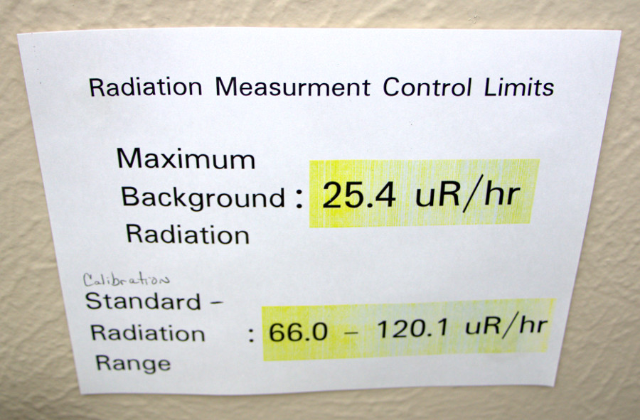 Radiation Measurement Control Limits: Here posted, we have the specification range for our maximum background radiation levels (a value obtained from measuring the surrounding environment for many days) and our radioactive check standard.