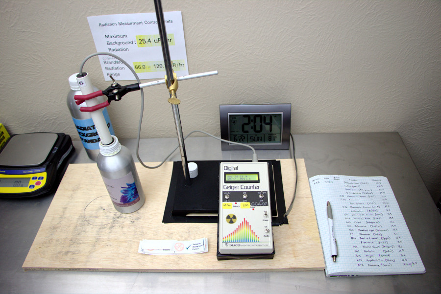 Test Setup for Our Ingredients: We open up the subject ingredient (Frankincense from it's native country, Egypt), place it on the table and point the detector element directly into the bottle.